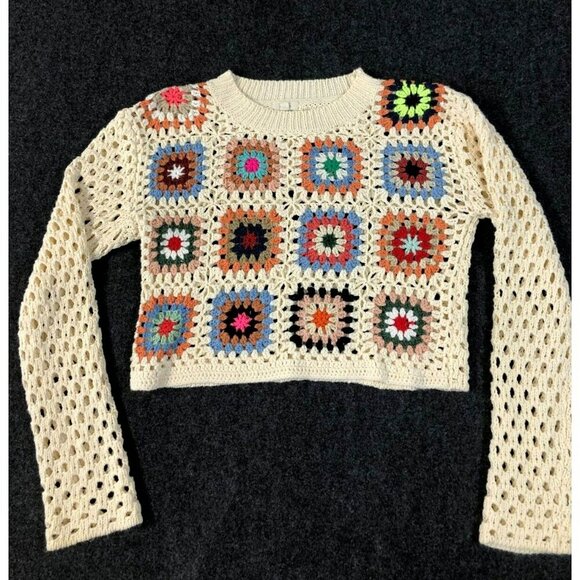 Debut Sweaters - Debut Granny Square Sweater Size Medium Crochet Open Knit Cropped Pullover Boho